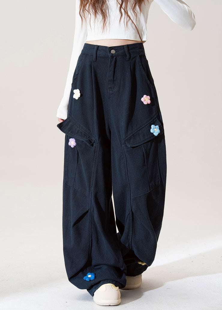Stylish Navy Embroidered Pockets Floral Cotton Pants Fall
