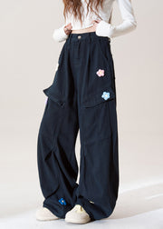 Stylish Navy Embroidered Pockets Floral Cotton Pants Fall