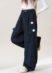 Stylish Navy Embroidered Pockets Floral Cotton Pants Fall