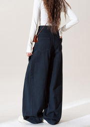 Stylish Navy Embroidered Pockets Floral Cotton Pants Fall