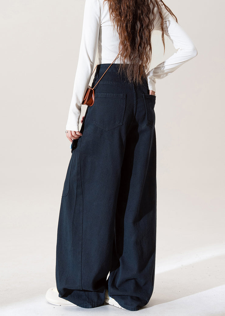 Stylish Navy Embroidered Pockets Floral Cotton Pants Fall