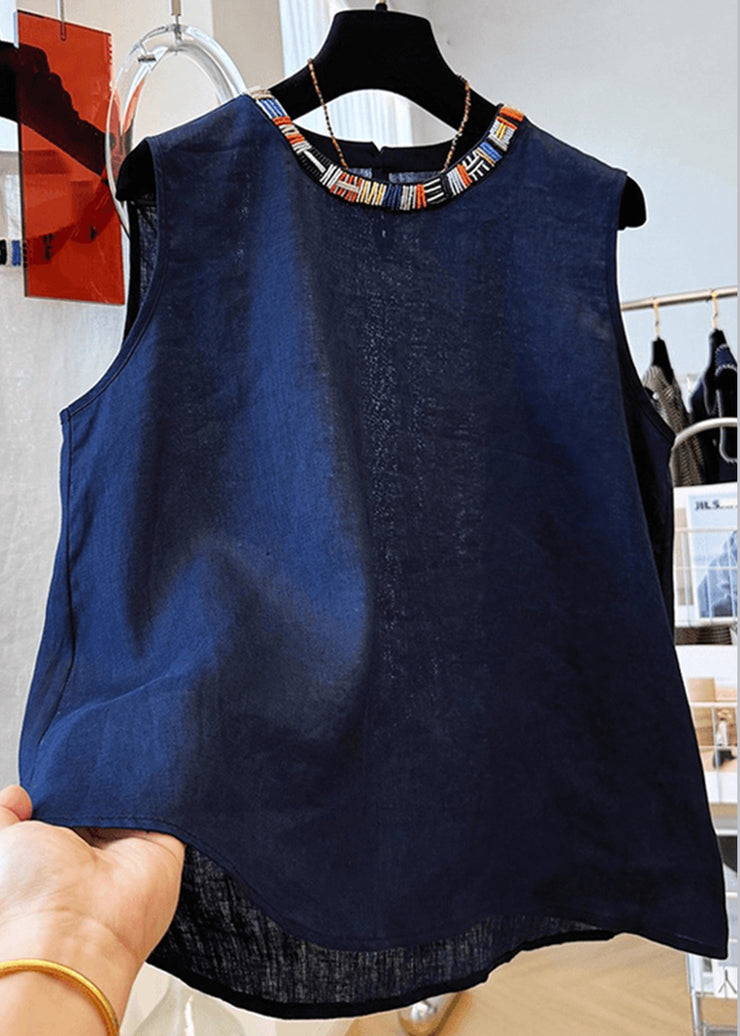 Stylish Navy O Neck Cotton Shirt Tops Sleeveless