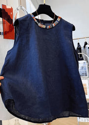 Stylish Navy O Neck Cotton Shirt Tops Sleeveless