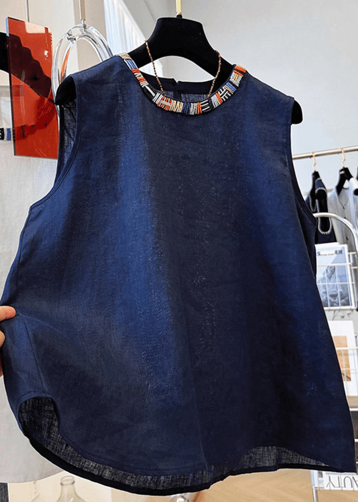 Stylish Navy O Neck Cotton Shirt Tops Sleeveless