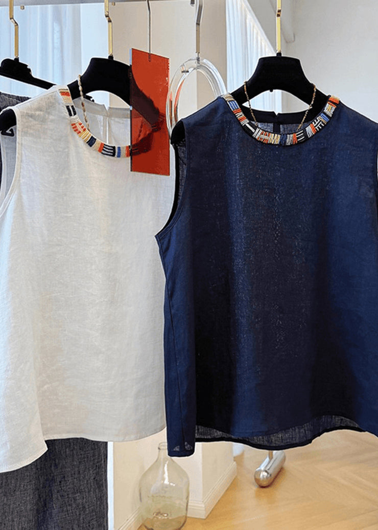 Stylish Navy O Neck Cotton Shirt Tops Sleeveless