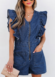Stylish Navy O-Neck Ruffled Zippered Denim Jumpsuit Short Sleeve
