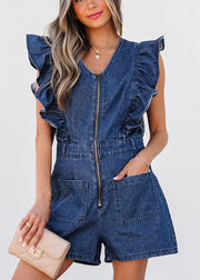 Stylish Navy O-Neck Ruffled Zippered Denim Jumpsuit Short Sleeve