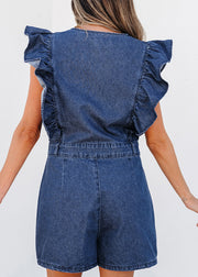 Stylish Navy O-Neck Ruffled Zippered Denim Jumpsuit Short Sleeve