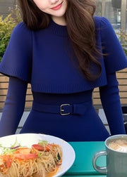 Stylish Navy O-Neck Tie Waist Knit Cape Sweater Winter