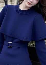Stylish Navy O-Neck Tie Waist Knit Cape Sweater Winter