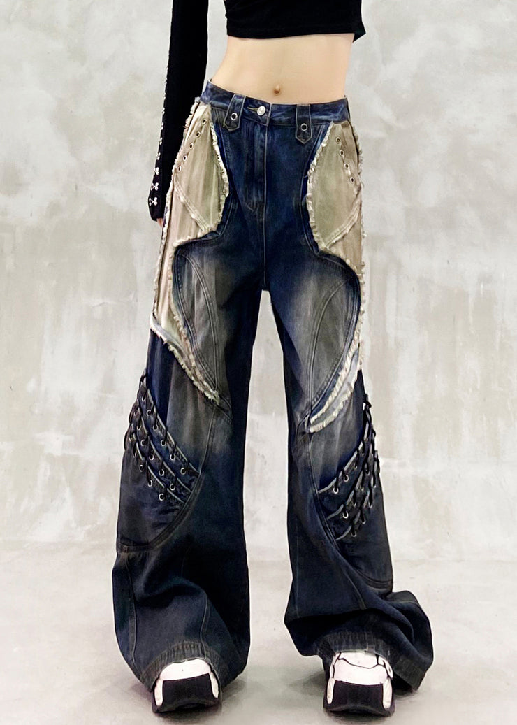 Stylish Navy Oversized Patchwork Denim Pants Spring