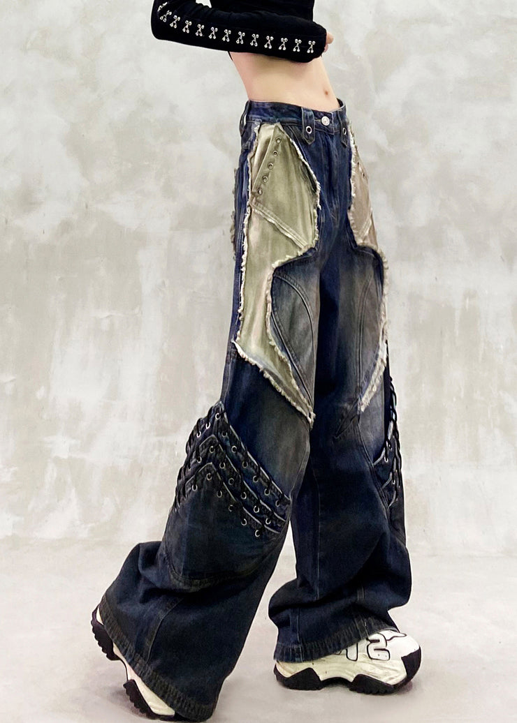 Stylish Navy Oversized Patchwork Denim Pants Spring