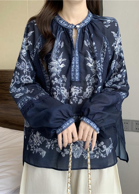 Stylish Navy Oversized Print Cotton Shirt Top Fall