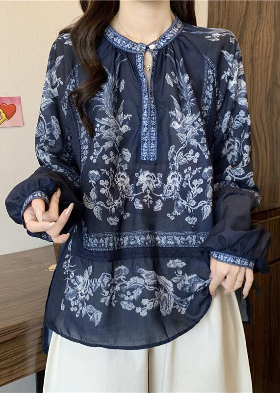 Stylish Navy Oversized Print Cotton Shirt Top Fall