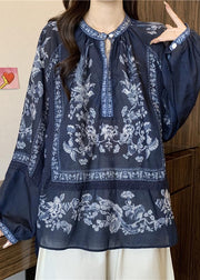 Stylish Navy Oversized Print Cotton Shirt Top Fall