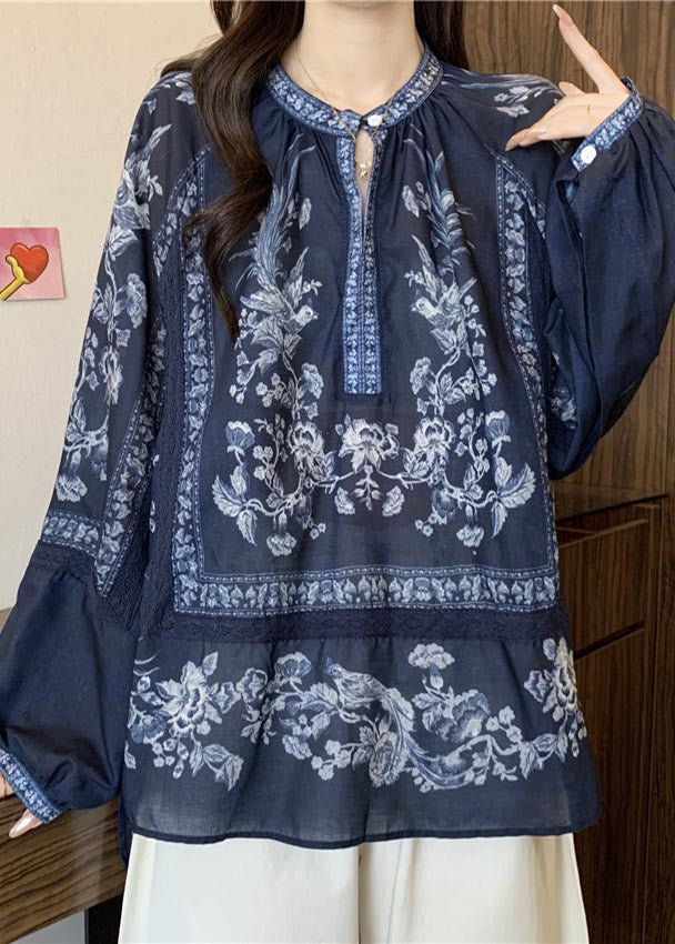 Stylish Navy Oversized Print Cotton Shirt Top Fall