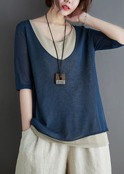 Stylish Navy Patchwork Knit Fake Two Piece Tops Summer
