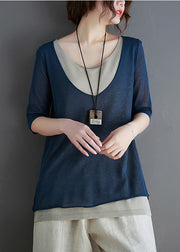 Stylish Navy Patchwork Knit Fake Two Piece Tops Summer