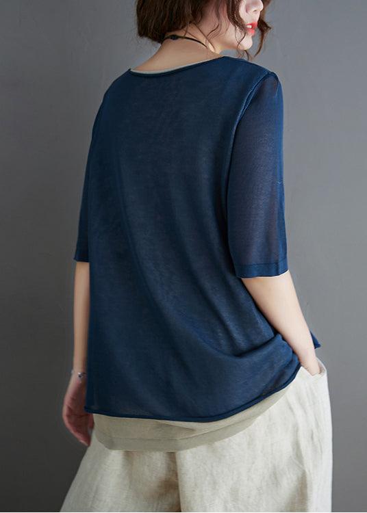 Stylish Navy Patchwork Knit Fake Two Piece Tops Summer