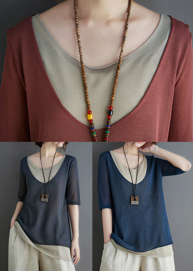 Stylish Navy Patchwork Knit Fake Two Piece Tops Summer