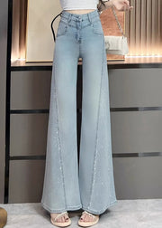 Stylish Navy Pockets Zircon Patchwork Denim Wide Leg Pants Fall