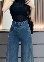 Stylish Navy Pockets Zircon Patchwork Denim Wide Leg Pants Fall
