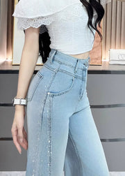 Stylish Navy Pockets Zircon Patchwork Denim Wide Leg Pants Fall