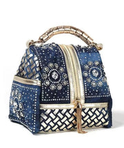 Stylish Navy Rhinestone Large Capacity Denim Tote Handbag