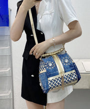 Stylish Navy Rhinestone Large Capacity Denim Tote Handbag