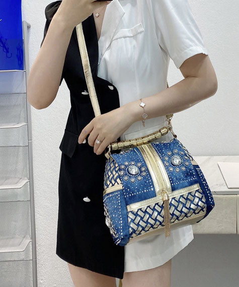 Stylish Navy Rhinestone Large Capacity Denim Tote Handbag