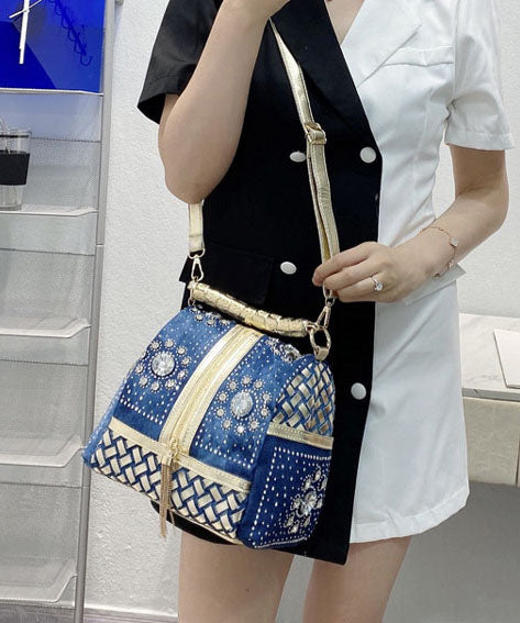 Stylish Navy Rhinestone Large Capacity Denim Tote Handbag