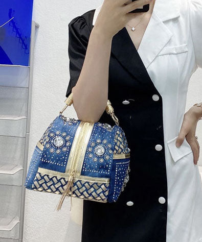 Stylish Navy Rhinestone Large Capacity Denim Tote Handbag