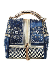 Stylish Navy Rhinestone Large Capacity Denim Tote Handbag