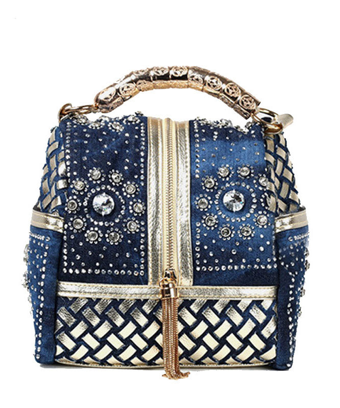 Stylish Navy Rhinestone Large Capacity Denim Tote Handbag