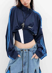 Stylish Navy Stand Collar Patchwork Spandex Jacket Fall