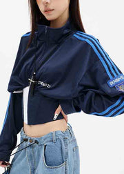 Stylish Navy Stand Collar Patchwork Spandex Jacket Fall