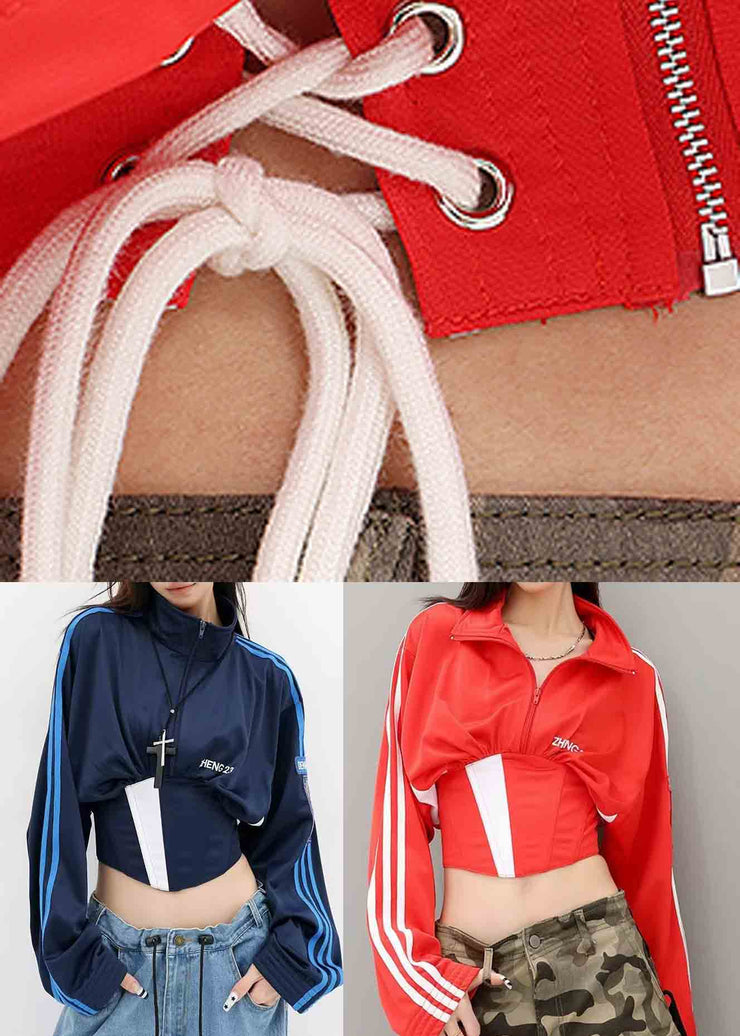 Stylish Navy Stand Collar Patchwork Spandex Jacket Fall