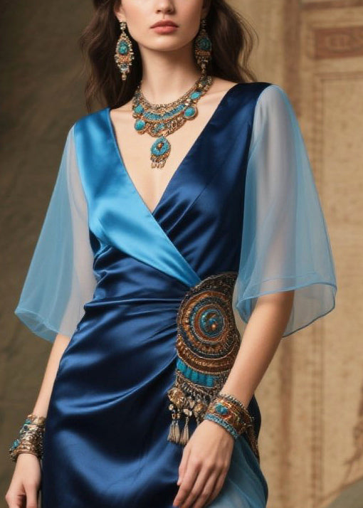 Stylish Navy V Neck Patchwork Side Open Silk Tea Dresses Summer