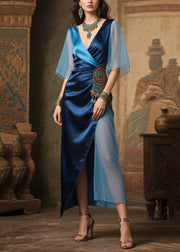 Stylish Navy V Neck Patchwork Side Open Silk Tea Dresses Summer