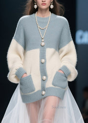 Stylish O Neck Pockets Patchwork Knit Long Sweater Fall