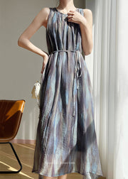 Stylish O Neck Print Tie Waist Cotton Long Dress Sleeveless