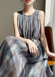 Stylish O Neck Print Tie Waist Cotton Long Dress Sleeveless