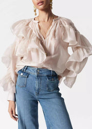 Stylish O-Neck Ruffled Solid Silk Shirts Fall