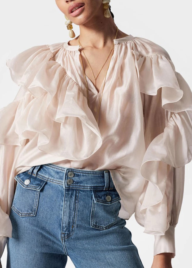 Stylish O-Neck Ruffled Solid Silk Shirts Fall