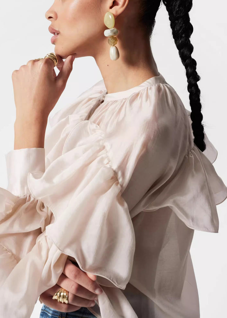Stylish O-Neck Ruffled Solid Silk Shirts Fall