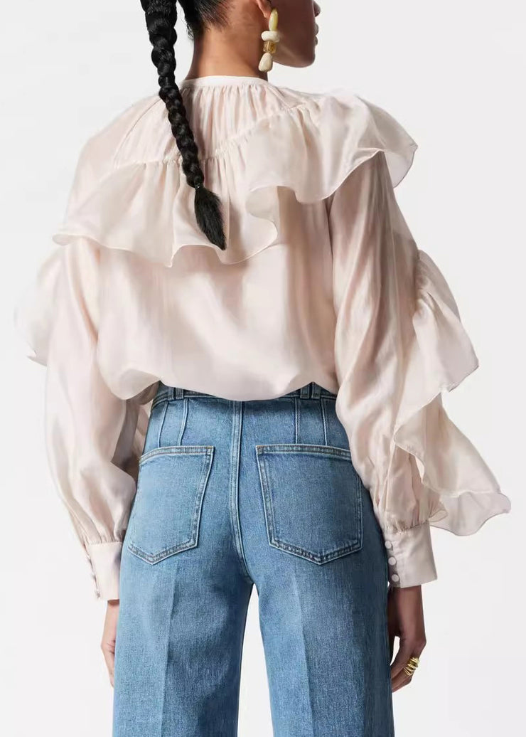 Stylish O-Neck Ruffled Solid Silk Shirts Fall
