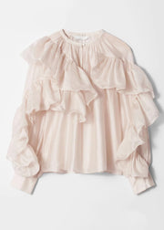 Stylish O-Neck Ruffled Solid Silk Shirts Fall