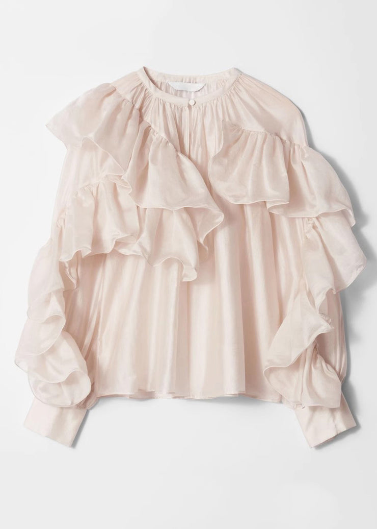 Stylish O-Neck Ruffled Solid Silk Shirts Fall