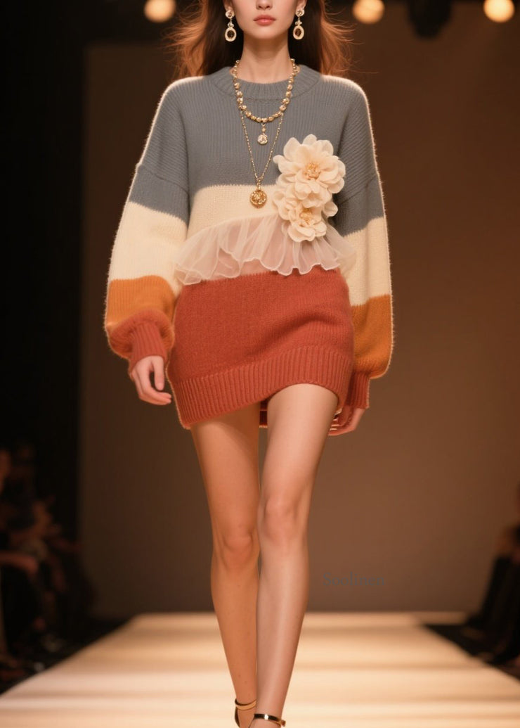 Stylish O Neck Tulle Ruffled Floral Knit Sweaters Fall