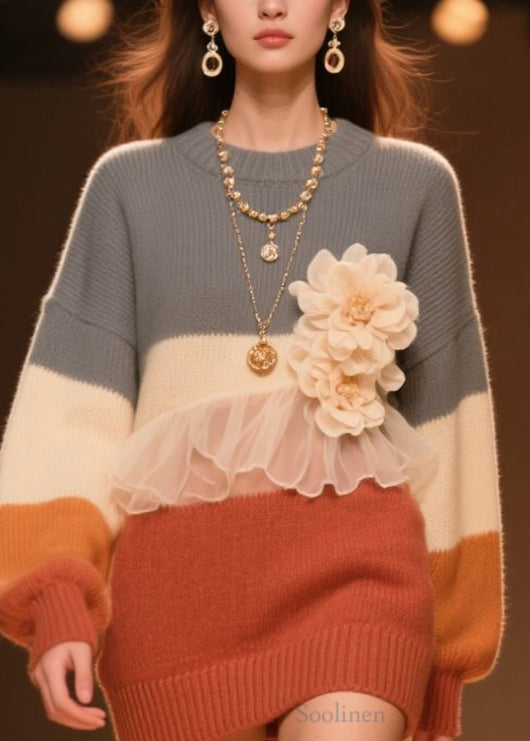 Stylish O Neck Tulle Ruffled Floral Knit Sweaters Fall